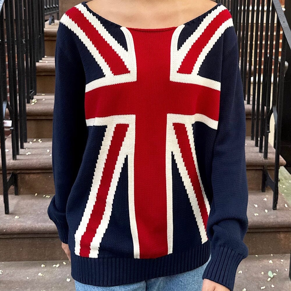 Brandy Melville Off-the-Shoulder Union Jack Sweater - Navy, Red, White